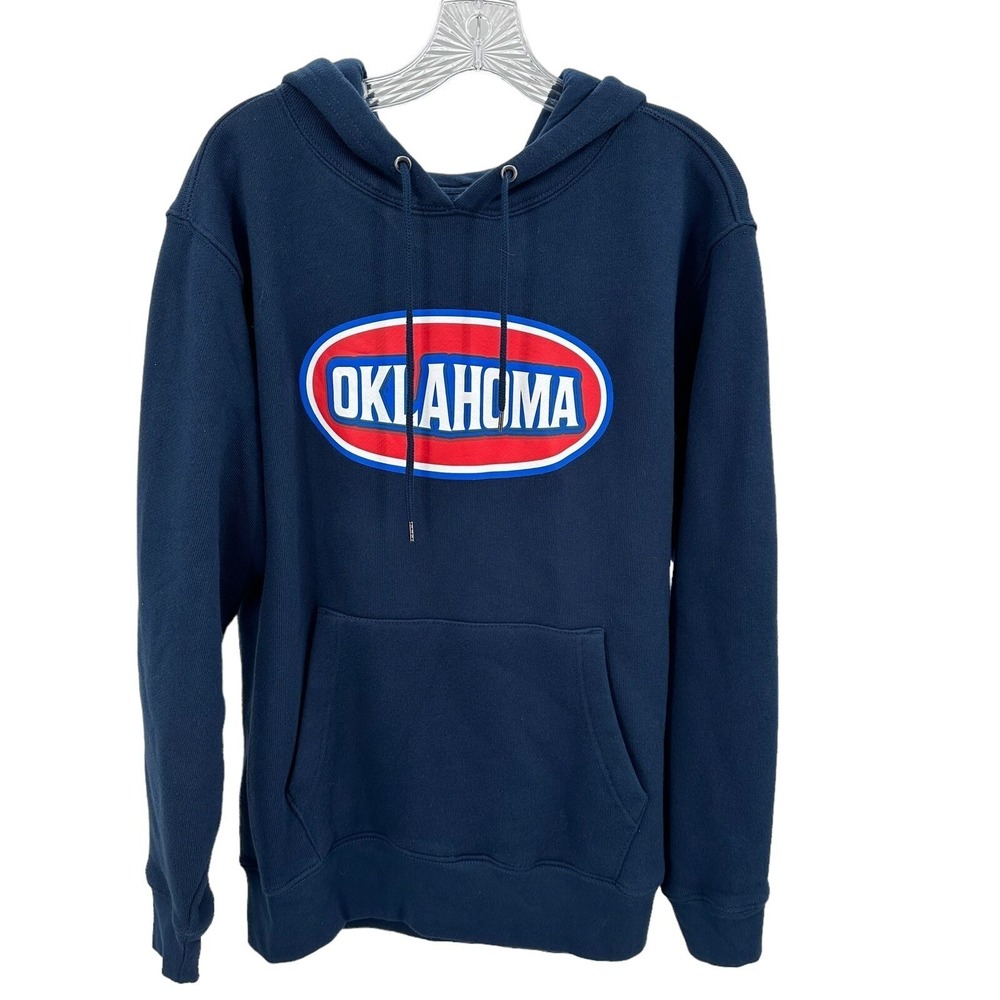 State of Mine Oklahoma Hoodie Mens Large Navy Blue Graphic Fleece Sweatshirt L